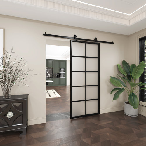 Win Stellar Glass and Metal Barn Door With Installation Hardware Kit